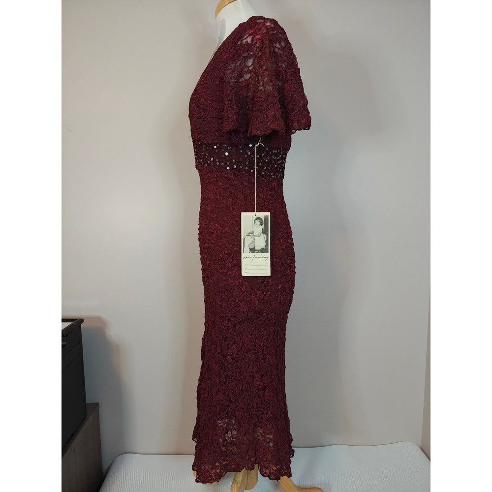 Ann Ferriday Burgundy Lace Sequin Empire Waist V-Neck Midi Dress NWT
